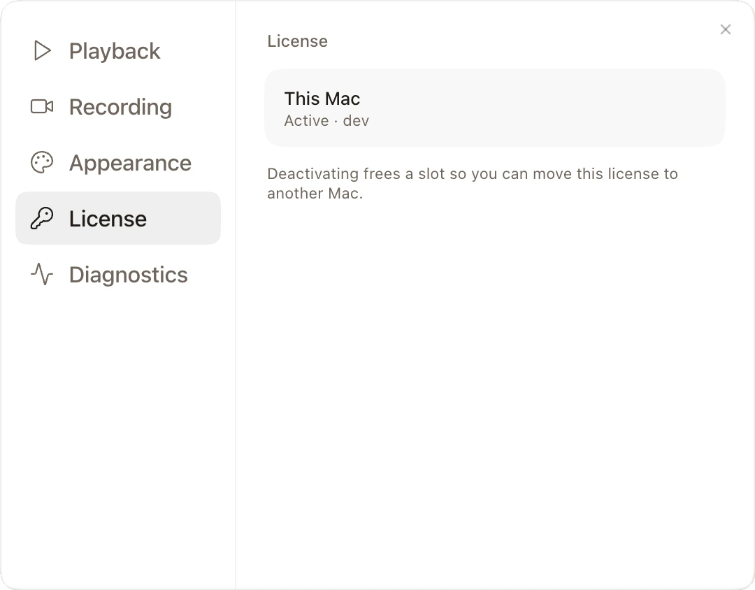 Settings License tab showing the active device and license status